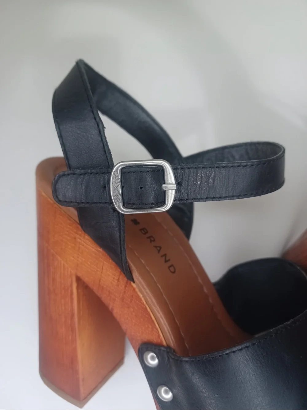 Lucky Brand Black Leather Platform Sandals with Wood Block Heel
